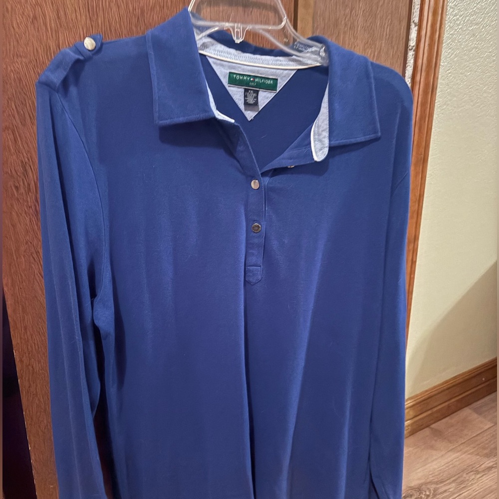 Tommy Hilfiger Royal Blue Polo with Light Chambray trim at neck, snap closed